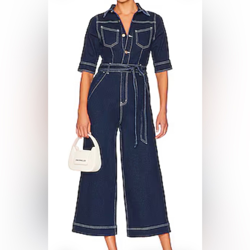 MINKPINK Blue Denim Short Sleeve Jumpsuit - Flared Legs - Pockets - Tie Belt